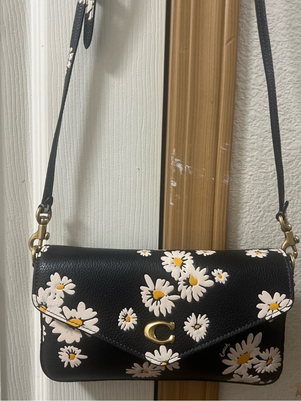 Coach Black Daisy Print Leather Crossbody with Gold Accent